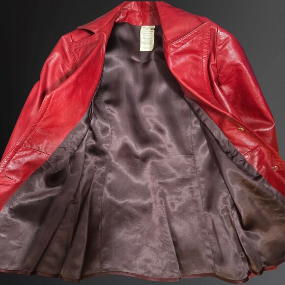 Vintage 90s Red Leather Jacket Blazer Dagger Collar Fitted Womens Size XS - Picture 9 of 9
